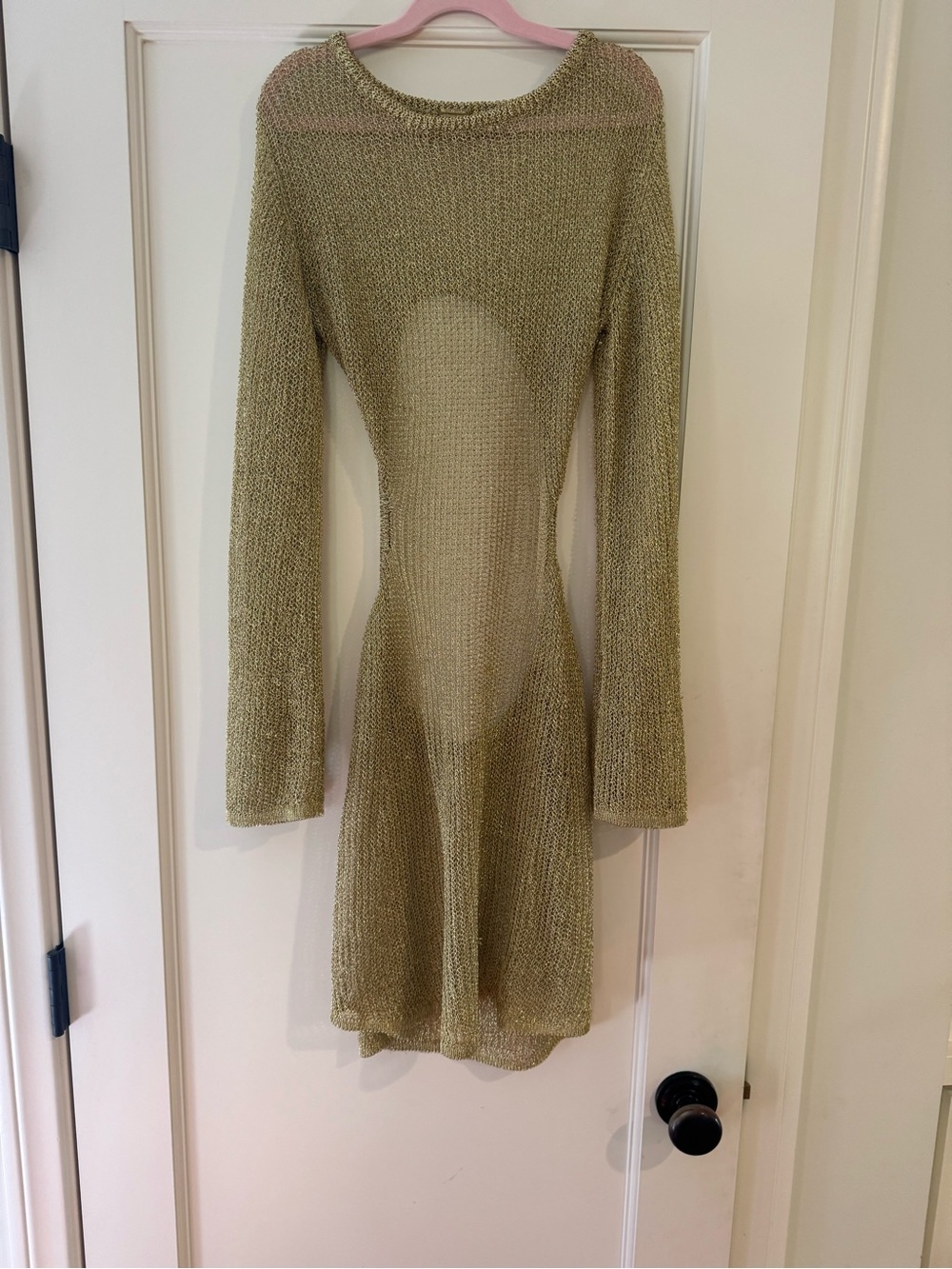 Sheer Knit Long-Sleeve Mini Dress in Olive